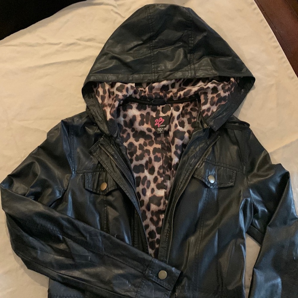 black faux leather jacket, removable hood